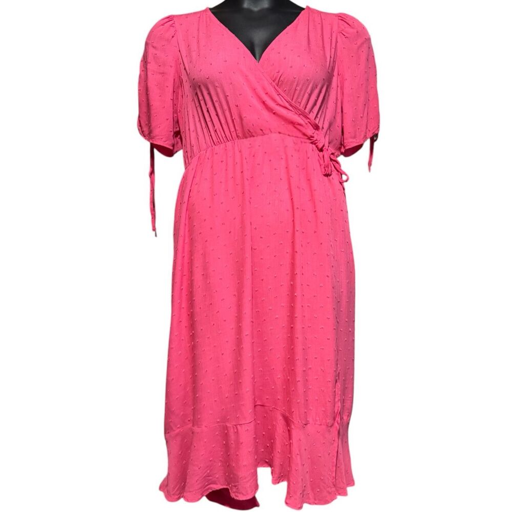 Torrid Pink Swiss Dot Midi Dress Plus Size Surplice Wrap Tie Sleeve Pockets NWT - Picture 6 of 13